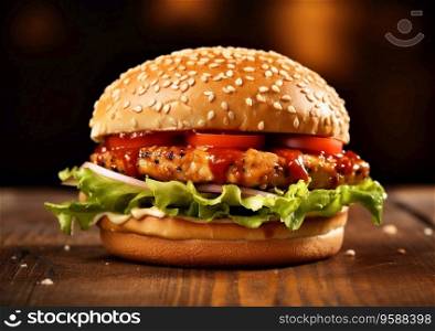 Chicken fillet burger and lettuce and tomato on wooden table.Ai Generative