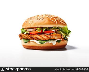 Chicken fillet burger with vegetables and sauce on white background.Ai Generative