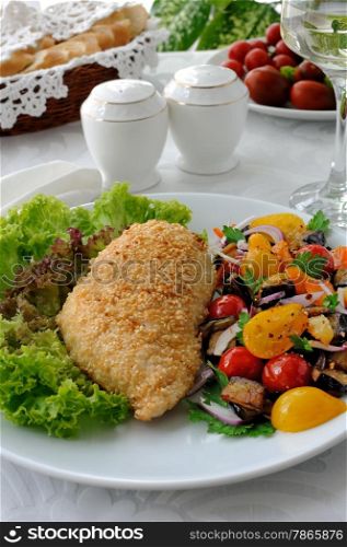 Chicken fillet with eggplant with sesame tomato and pepper