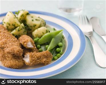 Chicken Goujons with Herb Buttered New Potatoes and Green Vegetables