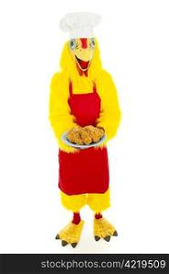 Chicken in a chef uniform, serving a platter of fried chicken. Isolated on white.