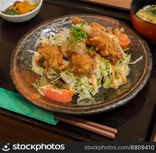 Chicken Karaage set meal with soup, japanese food