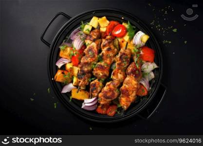 Chicken kebab skewers on a pan.