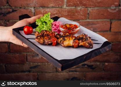 Chicken kebabs with tomatoes sauce on a board