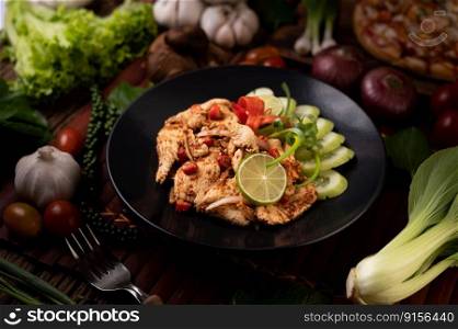 Chicken Larb on the plate With dried chilies, tomatoes, spring onions and lettuce.