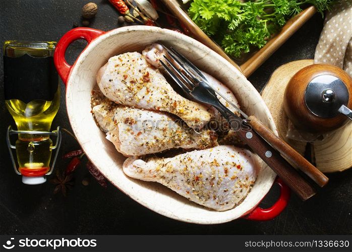 chicken legs with spice, raw chicken legs