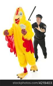 Chicken man holding stolen cash and running from a police officer. Isolated on white.