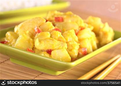 Chicken-mango curry with red bell pepper and potatoes (Selective Focus, Focus on the chicken piece in the front)