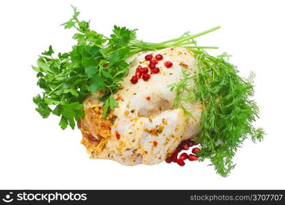 Chicken marinated with herbs on a white background