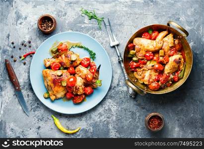 Chicken meat stewed in tomatoes and okra.Appetizing chicken meat grilled barbecue with spices and vegetables. Baked chicken in vegetables