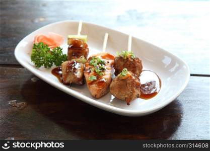 chicken meatball and salmon teriyaki