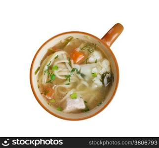 chicken noodle soup - broth. closeup.