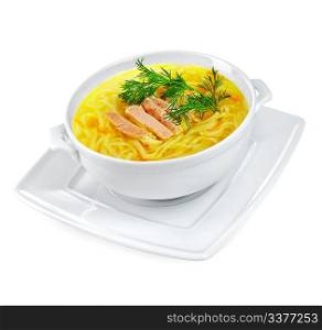 Chicken noodle soup on a white background