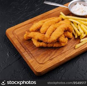 chicken nuggets and french fries on wooden board