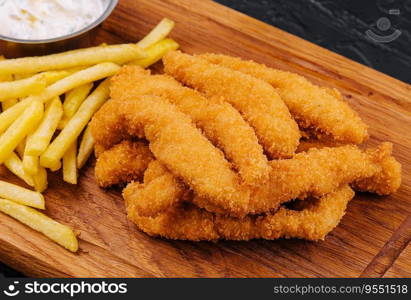 chicken nuggets and french fries on wooden board