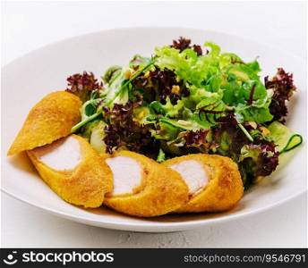 Chicken nuggets on a plate on white