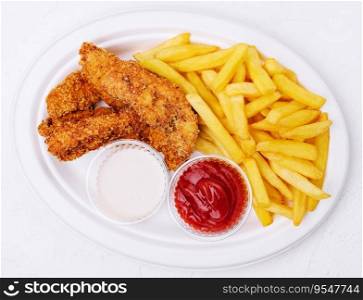 Chicken nuggets with french fries top view