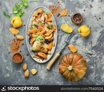 Chicken, pumpkin and vegetable meat stew.Autumn food.. Chicken ragout with pumpkin