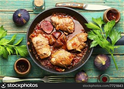 Chicken rolls with figs in wine sauce.Chicken fricassee. Chicken rolls with figs