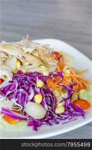 chicken salad. close up chicken and fresh vegetable salad with creamy sauce