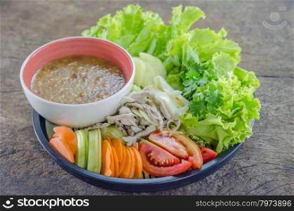 Chicken salad with bean sauce . steamed chicken with bean sauce and fresh vegetable salad
