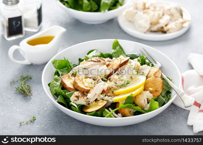 Chicken salad with spinach and crispy potatoes dressed with olive oil, garlic, lemon, onion and thyme