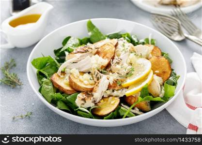 Chicken salad with spinach and crispy potatoes dressed with olive oil, garlic, lemon, onion and thyme