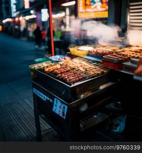 Chicken satay grilled on grill plate with smoke. Asian street food on local market.