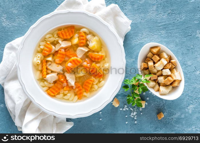 Chicken soup, bouillon with meat, pasta and vegetables