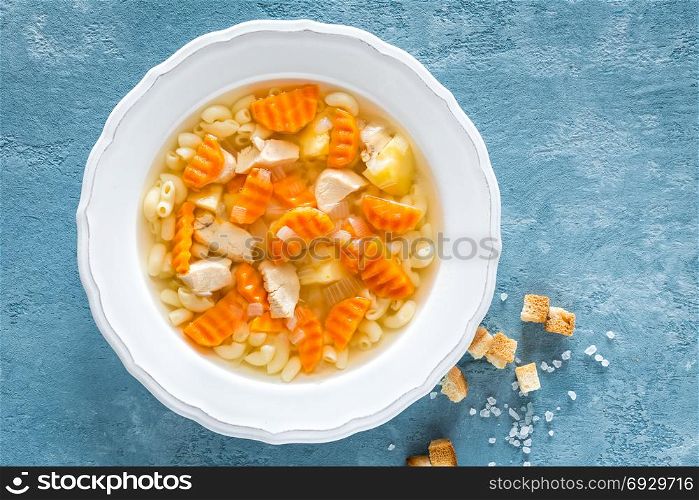 Chicken soup, bouillon with meat, pasta and vegetables