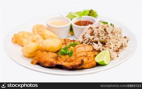 chicken steak and fried shrimp on white background