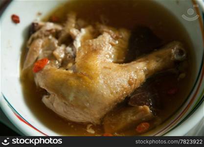 Chicken stewed with spices, herbs variety. Mellow flavor, not spicy.