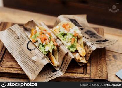 Chicken tacos with guacamole and vegetables on wooden table