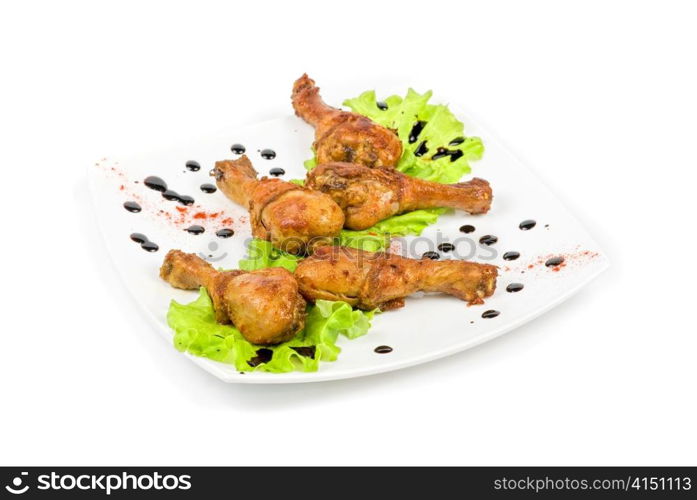 chicken wings closeup at white plate with lettuce