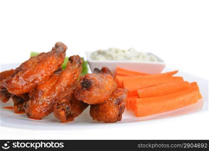 chicken wings with celery, carrot and blue cheese sauce