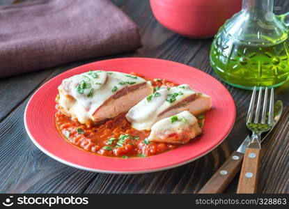 Chicken with pepperoni and tomato sauce