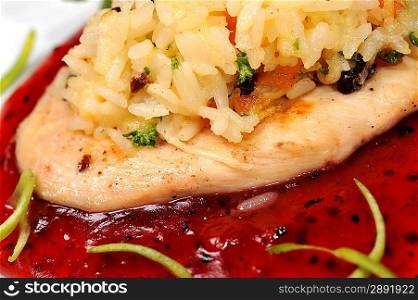 Chicken with rice in cranberry sauce