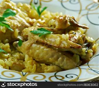 Chicken with saffron and fried rice.traditional Indian cuisine