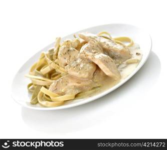 chicken with spinach pasta in a white plate