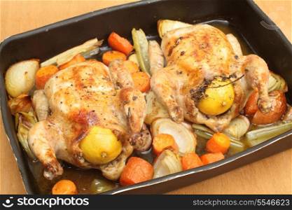 Chickens roasted on a bed of carrot, onion, garlic and celery, and stuffed with a lemon and some herbs. Using a bed of fresh vegetables is a fashionable way of preparing roasts, after being recommended by a number of celebrity TV chefs. Shot with a tilt-shift lens for maximum depth of field.