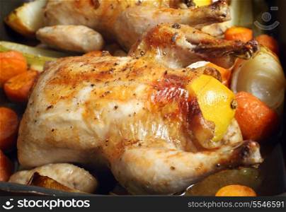 Chickens roasting on a bed of carrot, onion, garlic and celery, and stuffed with a lemon and some herbs. Using a bed of fresh vegetables is a fashionable way of preparing roasts, after being recommended by a number of celebrity TV chefs.