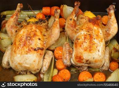 Chickens roasting on a bed of carrot, onion, garlic and celery, and stuffed with a lemon and some herbs. Using a bed of fresh vegetables is a fashionable way of preparing roasts, after being recommended by a number of celebrity TV chefs.