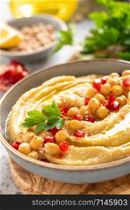 Chickpea hummus with tahini in a bowl. Healthy vegetarian appetizer. Middle Eastern cuisine