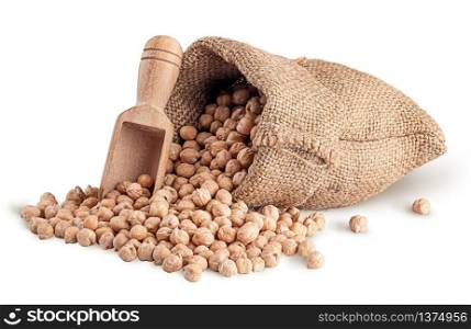 Chickpea spill out of the sack and wooden scoop on white background. Chickpea spill out of sack and scoop