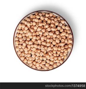 Chickpeas in a bowl top view isolated on white background. Chickpeas in a bowl top view