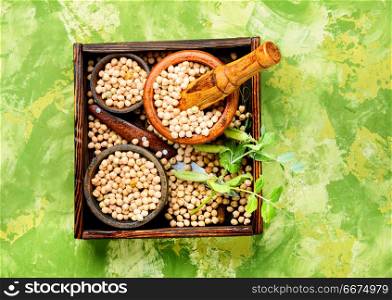 Chickpeas, the basis of vegetarian cuisine. Nut -afood product popular for cooking. Traditional dishes of Middle Eastern cuisines