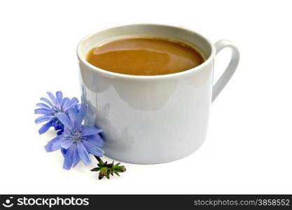 Chicory drink in a white cup with a flower isolated on white background