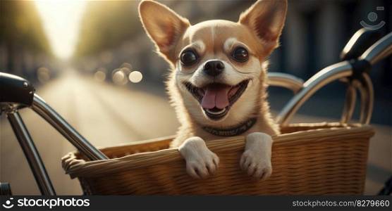 Chihuahua dog have fun bicycle ride on sunshine day morning in summer on town street