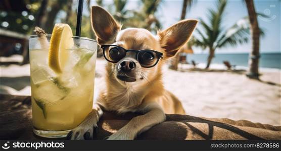 Chihuahua dog is on summer vacation at seaside resort and relaxing rest on summer beach of Hawaii