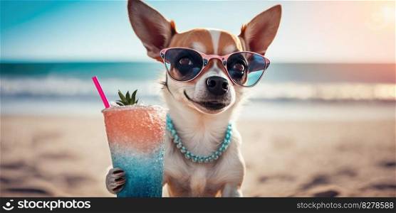 Chihuahua dog is on summer vacation at seaside resort and relaxing rest on summer beach of Hawaii